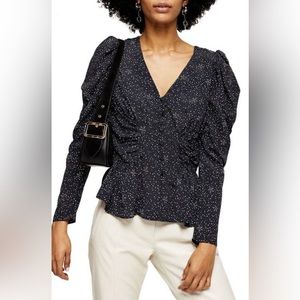 TOPSHOP Blouse, Star Print, Cosmic Puff Sleeve Top, Black/White (Size US 6)